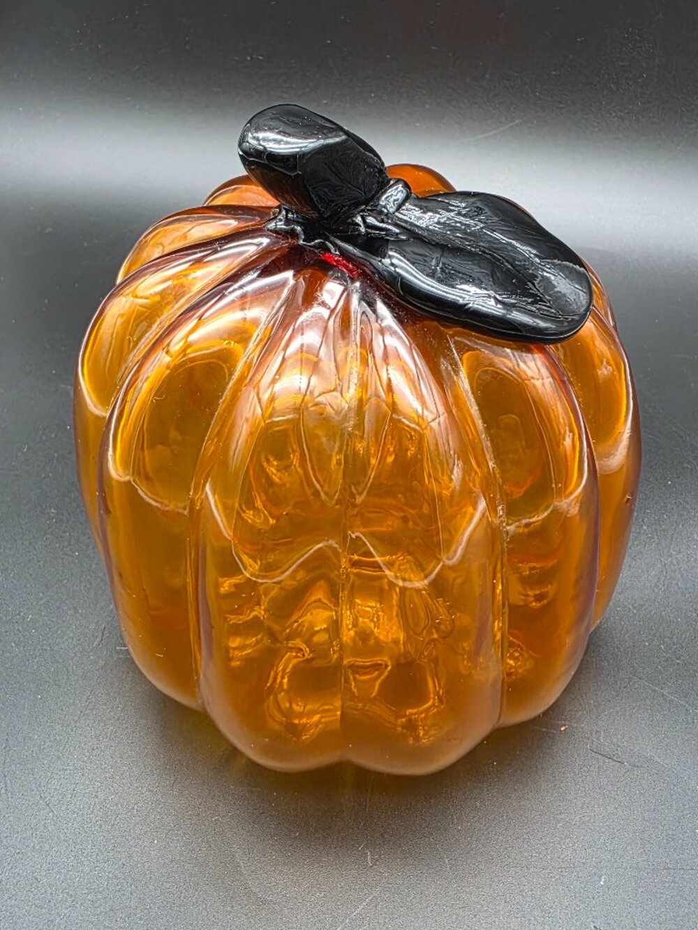 Murano handmade handblown pumpkin art glass black orange  7." diameter
